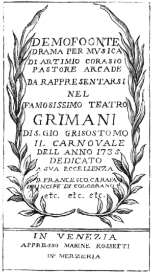 Gaetano Maria Schiassi - Demofoonte - titlepage of the libretto - Venice 1735.png