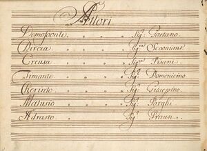 The cast of Caldara's Demofoonte as listed in the score. Austrian National Library, Mus.Hs.17107/1-3 , Mus.Hs.17107/3 , Mus.Hs.17107/1